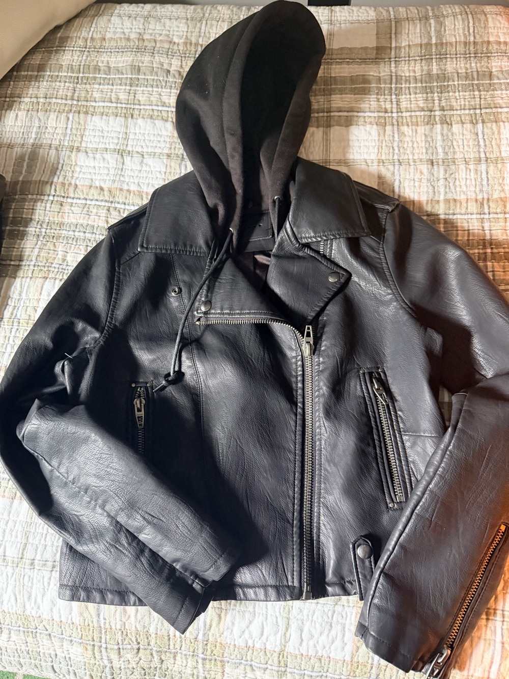 Blank NYC Black Hooded Faux Leather Bomber Jacket- Medium